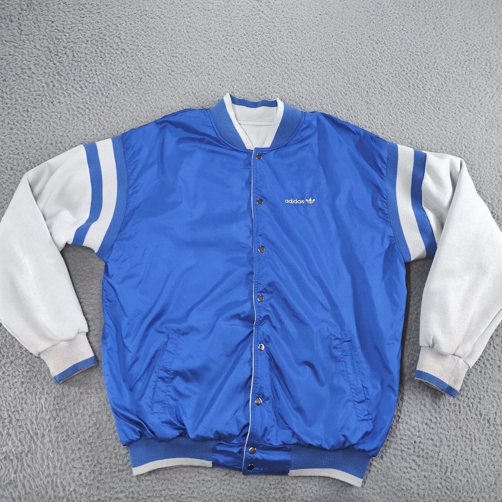 Vintage Adidas Reversible Jacket Mens Large Blue Gray Trefoil Spellout Snap Up - Picture 1 of 16